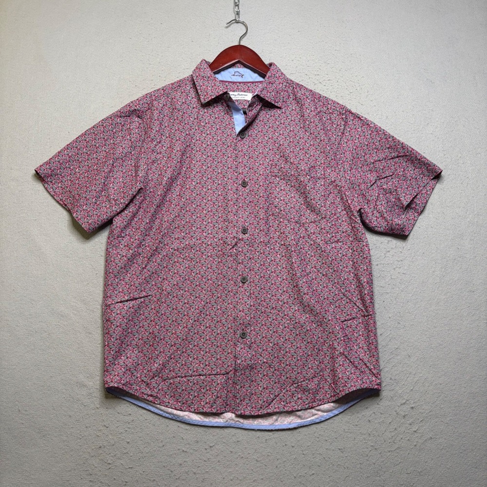 Tommy Bahama Shirt Mens Medium Red The Coconut Point IslandZone Geometric Floral